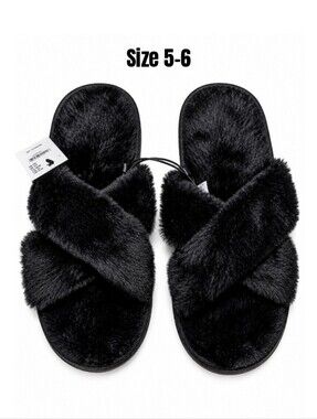 PacSun Womens Black Faux Fur Crisscross Open Toe Fuzzy Slippers XS-S 5/6 NEW